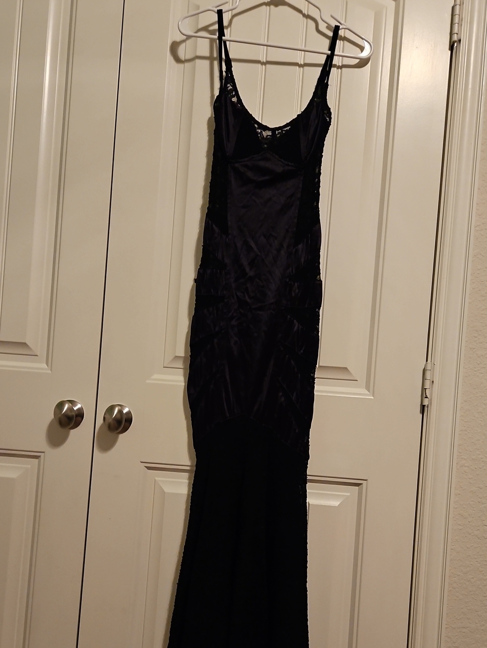 Black Satin Lace Trim Slip Dress
